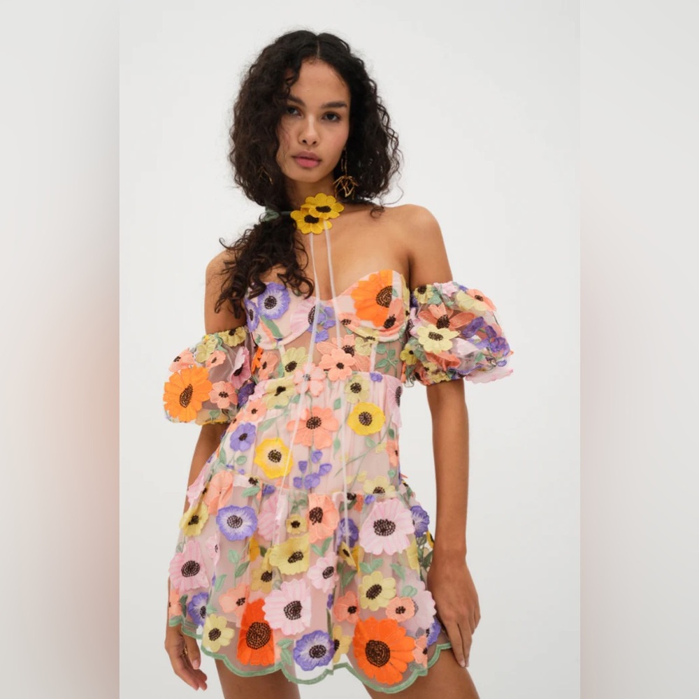 NWT For Love & Lemons Prato Flower Floral Appliqué Mini Dress - Picture 4 of 13